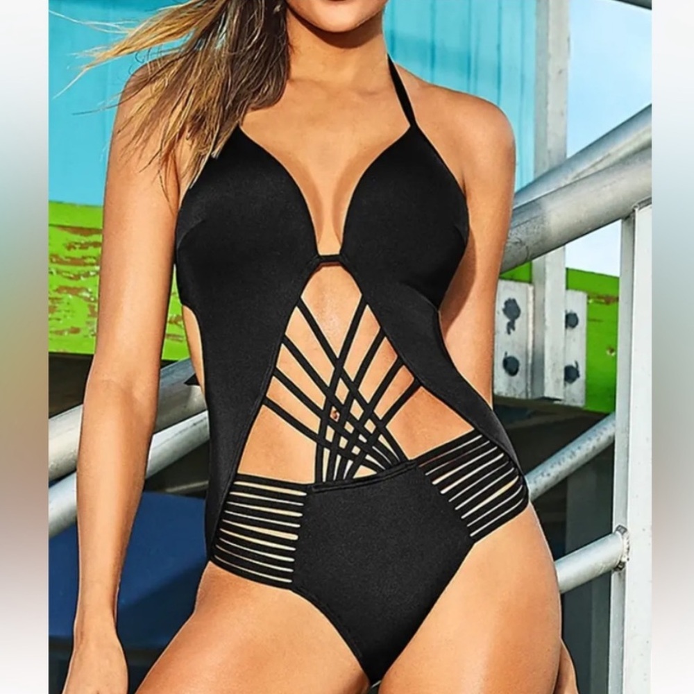 Kenneth Cole Strappy Hour Black Plunge Push Up Cut Out Swimsuit